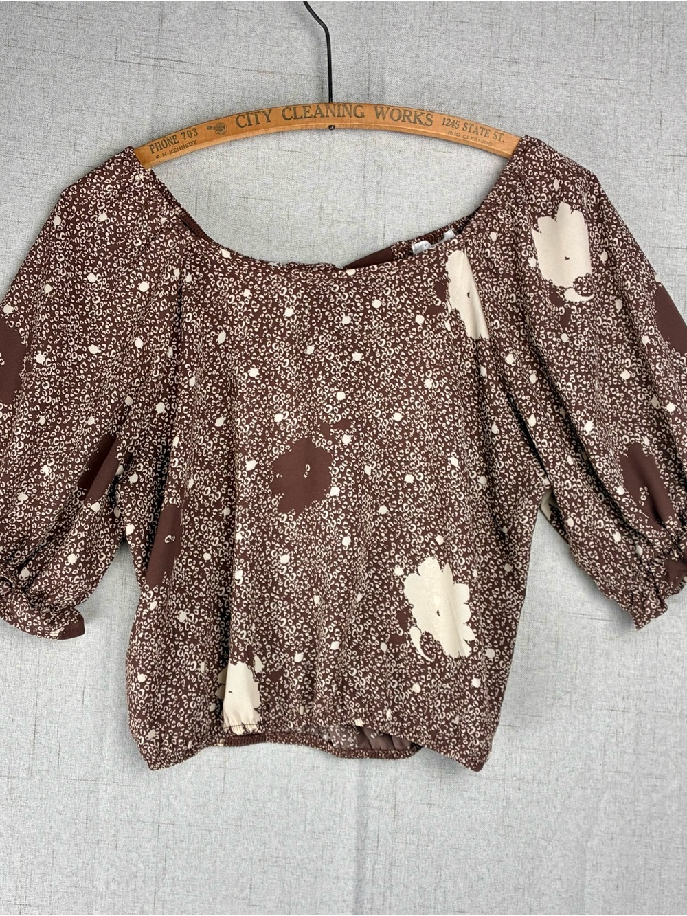 Sienna Sky Crop Top Puff Sleeves Open Tie Back Brown Cream Mushroom Milkmaid M